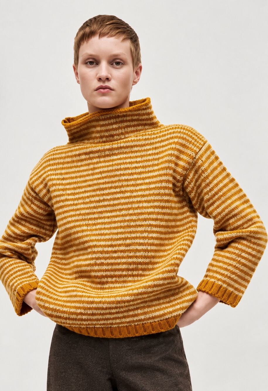 Babaa Jumper No6 Ochre Striped Wool Turtleneck Sweater One Size